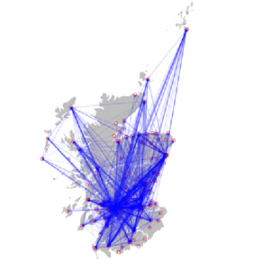Map of Scotland showing the network of hospital connection inferred from patient transfers between hospitals